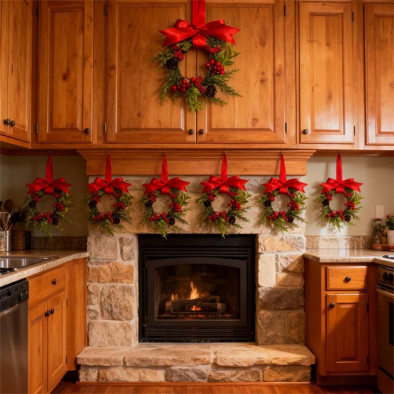 🔥Christmas Mini Window Wreaths with Ribbon Bows & Red Berries - Small Cabinet Hangers, Farmhouse Style Kitchen Door Decor for Christmas Party Arrangements