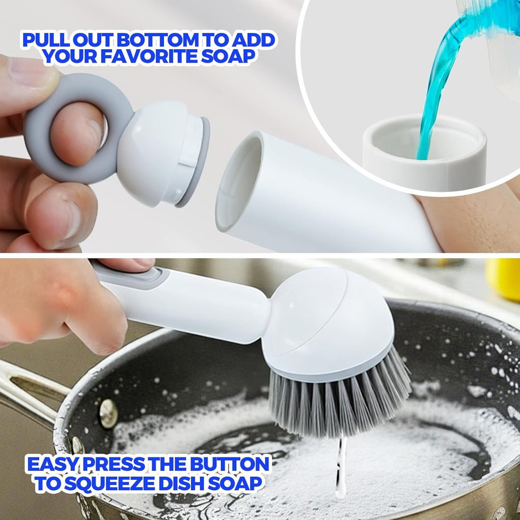 Dish Brush with Soap Dispenser - Dish Brush with Long Handle Deep Cleaning, Dish Scrubber Switchable Modes for Dishes, Pans, Sink, Pots (White)