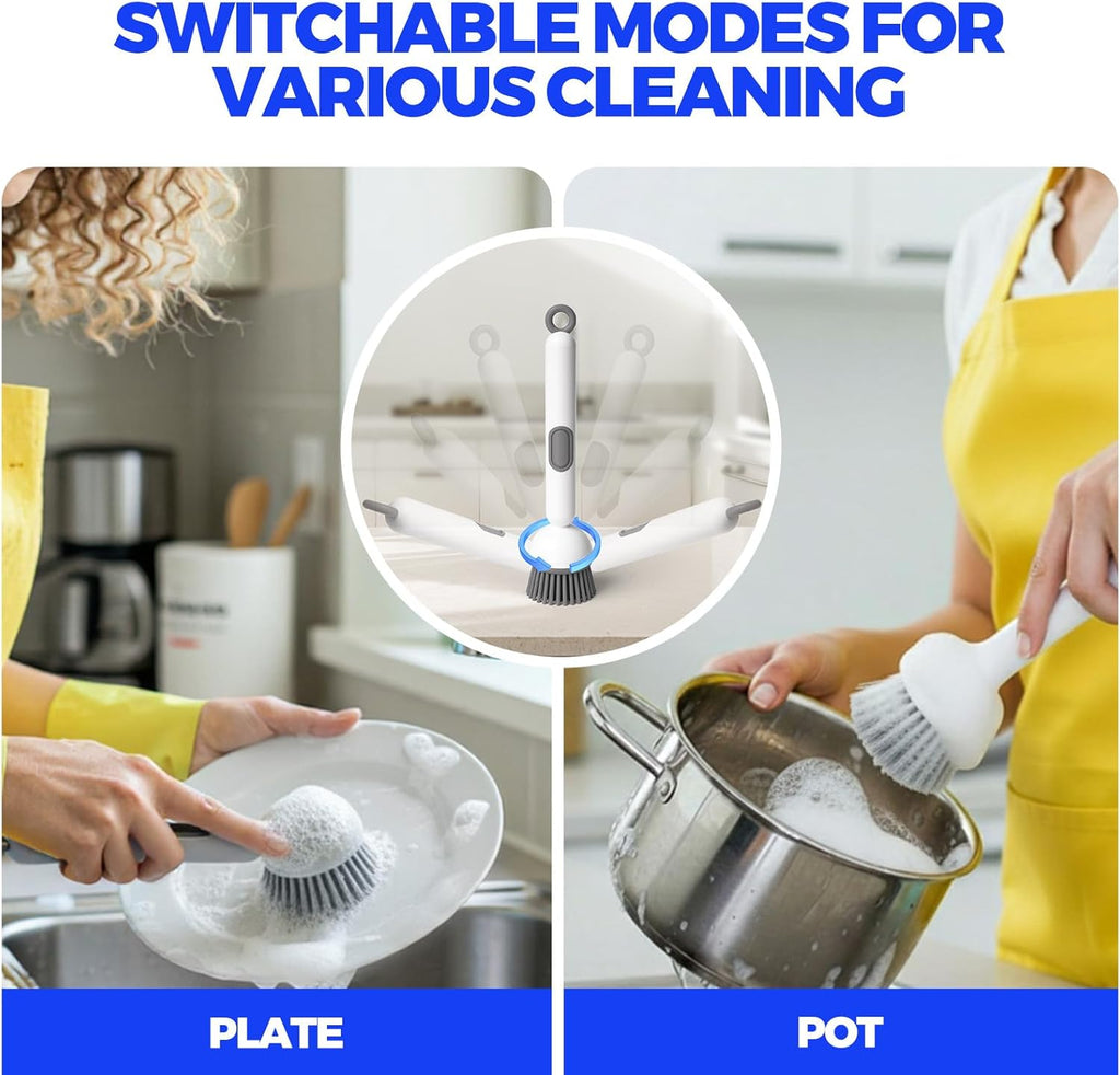 Dish Brush with Soap Dispenser - Dish Brush with Long Handle Deep Cleaning, Dish Scrubber Switchable Modes for Dishes, Pans, Sink, Pots (White)