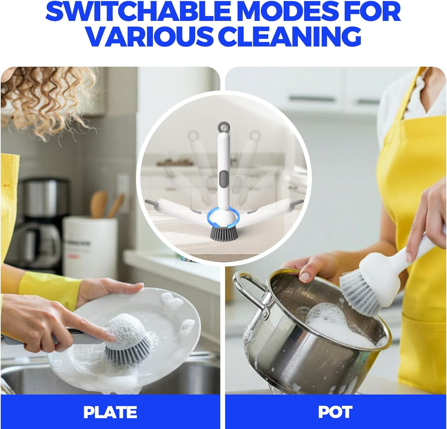 Dish Brush with Soap Dispenser - Dish Brush with Long Handle Deep Cleaning, Dish Scrubber Switchable Modes for Dishes, Pans, Sink, Pots (White)