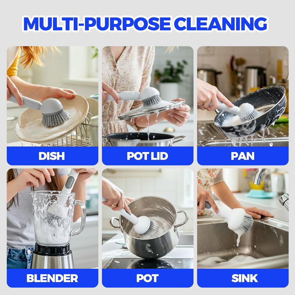 Dish Brush with Soap Dispenser - Dish Brush with Long Handle Deep Cleaning, Dish Scrubber Switchable Modes for Dishes, Pans, Sink, Pots (White)
