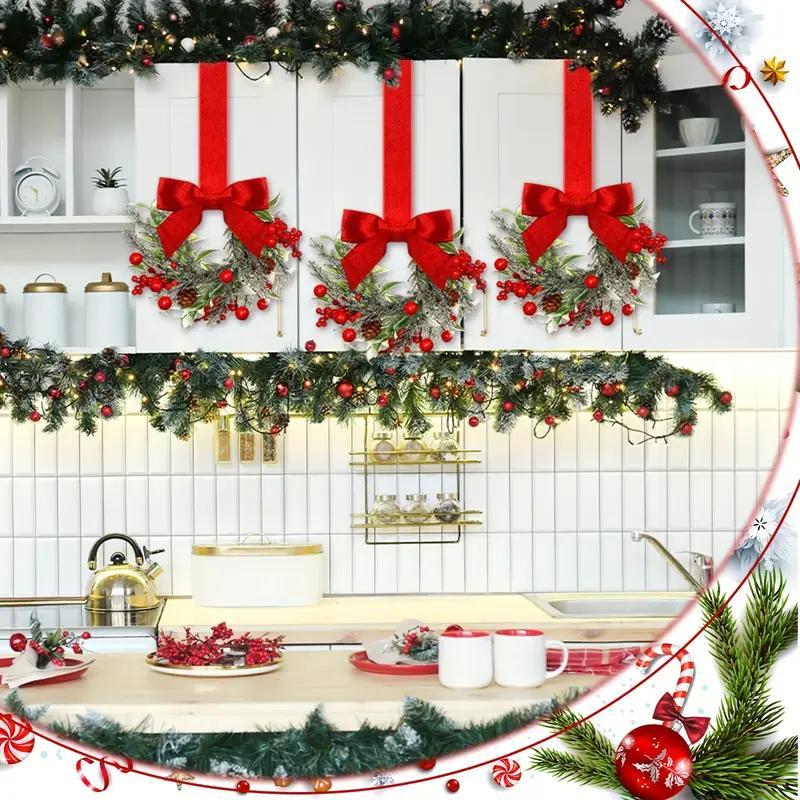 🔥Christmas Mini Window Wreaths with Ribbon Bows & Red Berries - Small Cabinet Hangers, Farmhouse Style Kitchen Door Decor for Christmas Party Arrangements