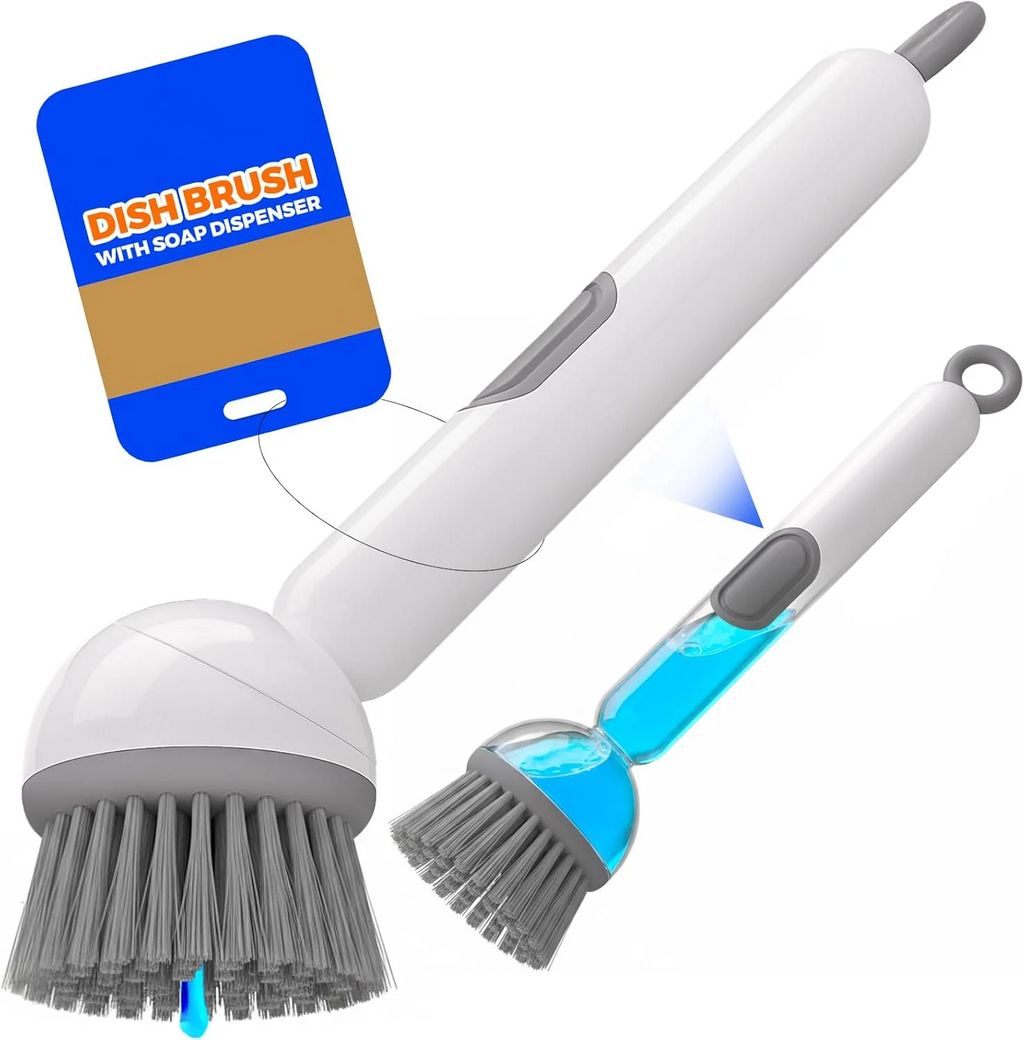 Dish Brush with Soap Dispenser - Dish Brush with Long Handle Deep Cleaning, Dish Scrubber Switchable Modes for Dishes, Pans, Sink, Pots (White)