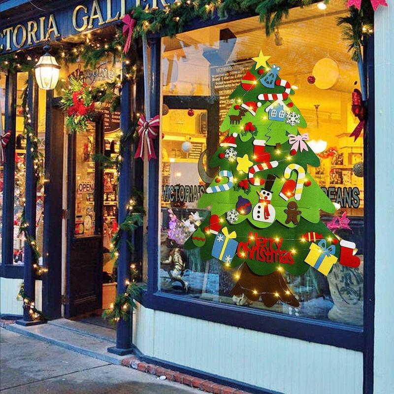 Felt Artificial Christmas Tree Set - Christmas Decorations 2025 with 26 Detachable Ornaments & LED Lights | DIY Wall Hanging Kit for Kids, Home Party Gift