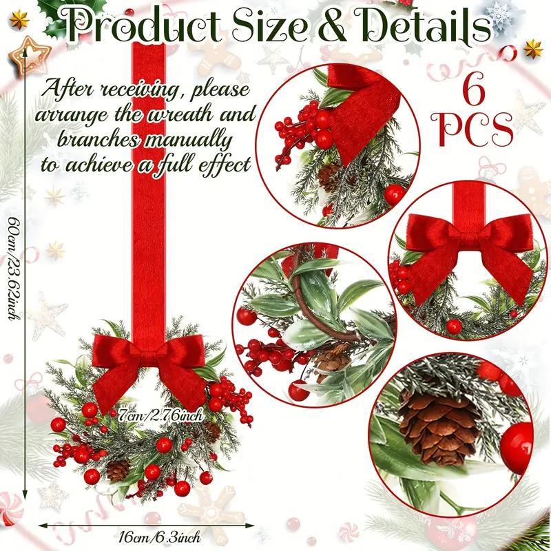 🔥Christmas Mini Window Wreaths with Ribbon Bows & Red Berries - Small Cabinet Hangers, Farmhouse Style Kitchen Door Decor for Christmas Party Arrangements