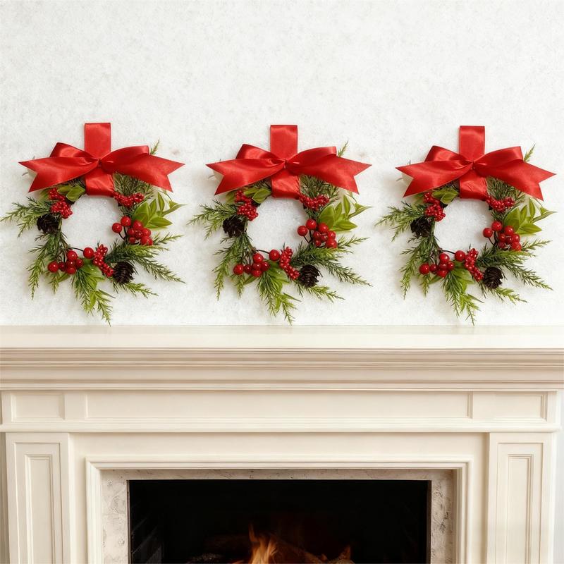 🔥Christmas Mini Window Wreaths with Ribbon Bows & Red Berries - Small Cabinet Hangers, Farmhouse Style Kitchen Door Decor for Christmas Party Arrangements