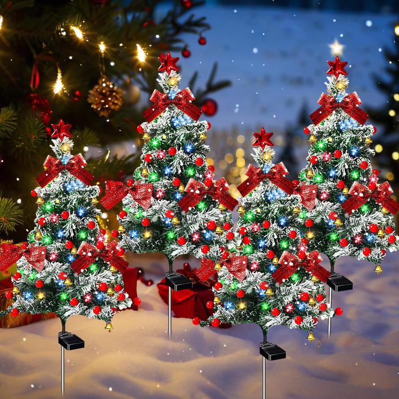 4-Pack solar Christmas tree lights for outdoor decoration, waterproof, small solar Christmas tree path lights, solar garden decorative pole lights, courtyard decoration with snow style, suitable for paths, lawns and terraces